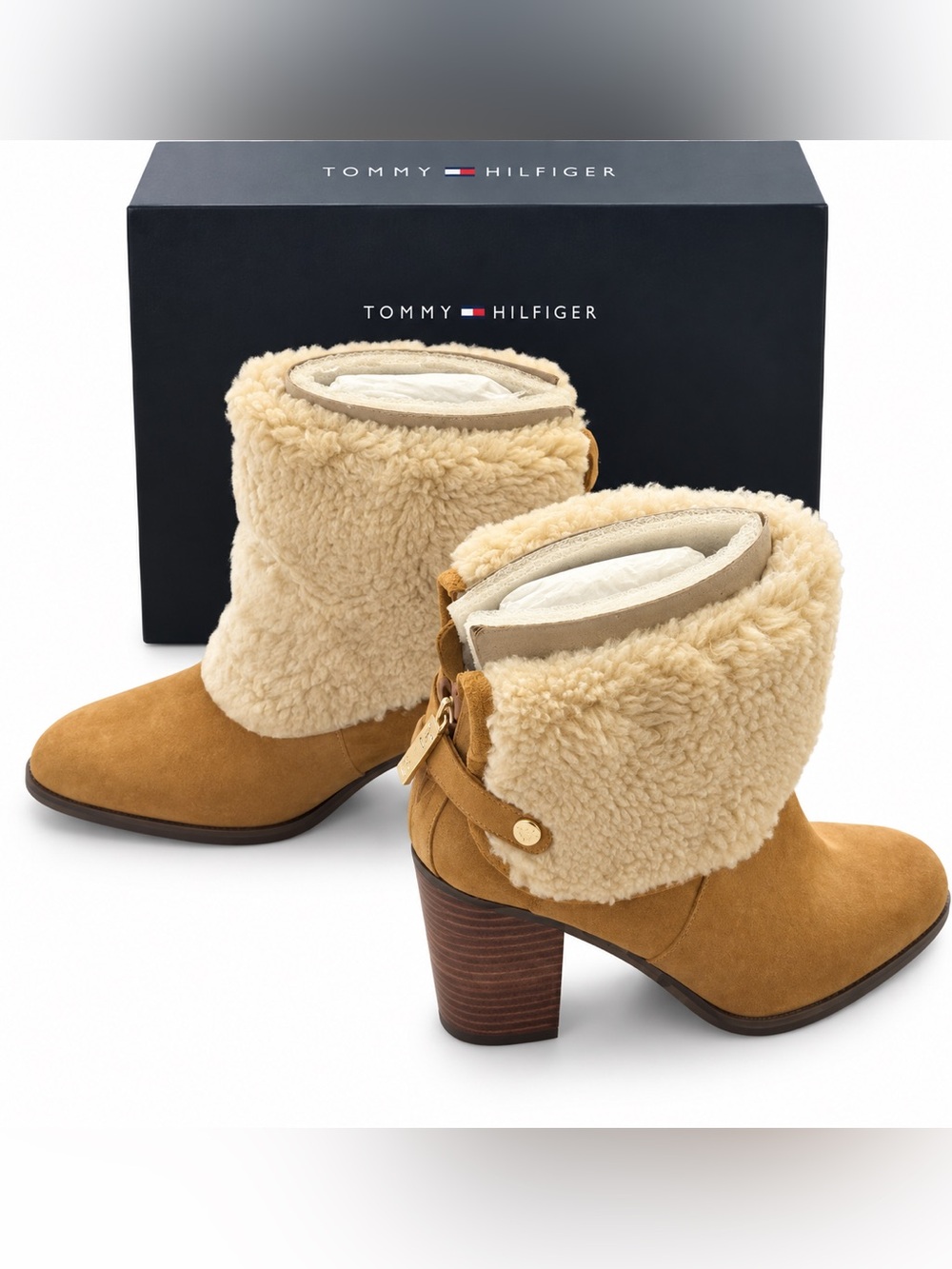 Tommy Hilfiger Tan Shearling-Trim Suede Ankle Boots